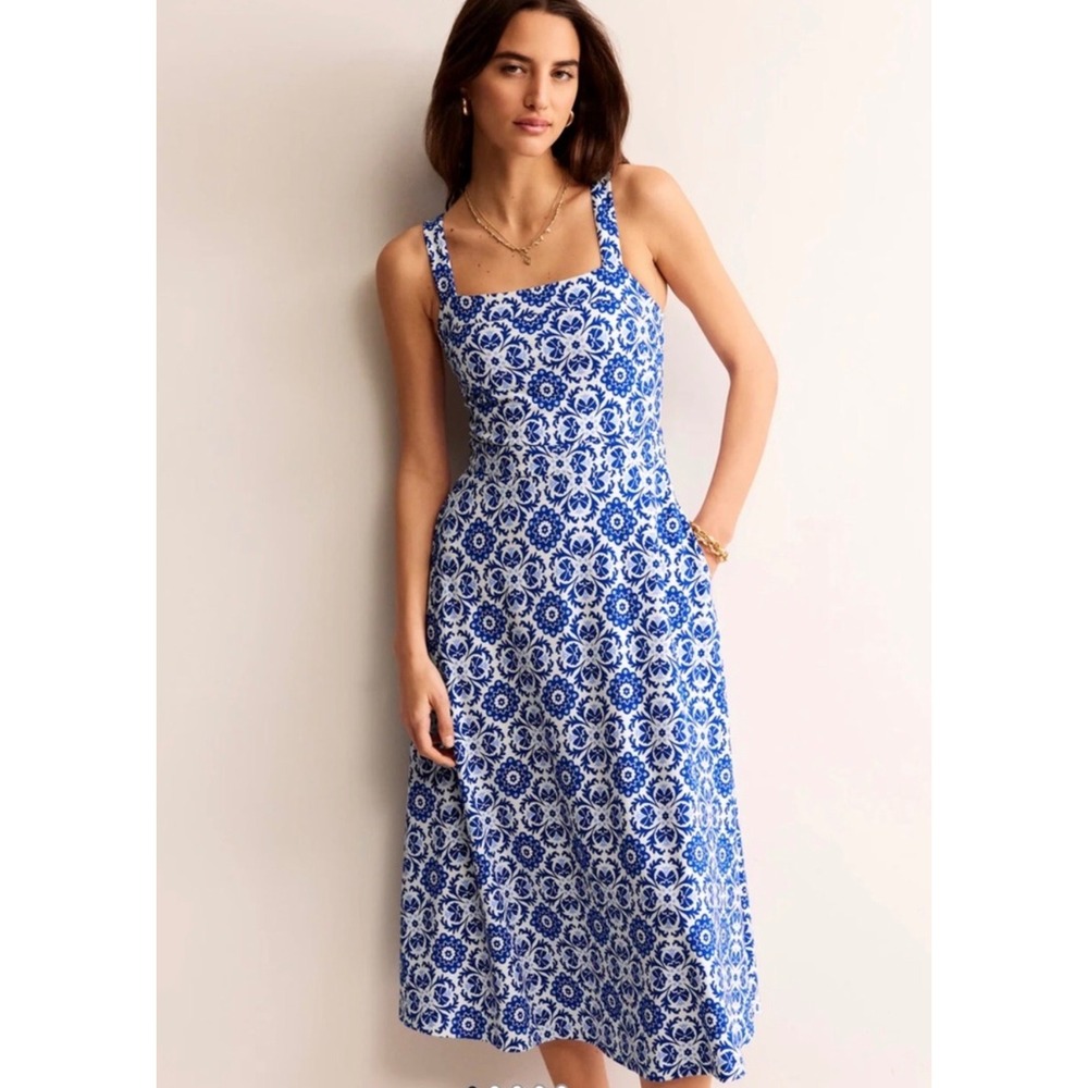 Boden 0R Bridget Ponte Blue White Midi Tank Dress Square Neck Geometric Print